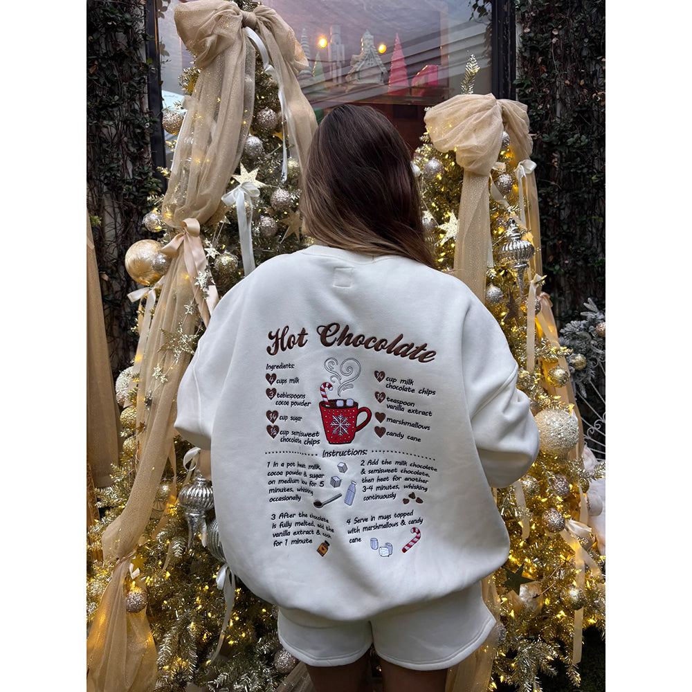 Viv! Christmas Women's Apparel - Hot Chocolate Recipe Embroidered Ivory Sweatshirt