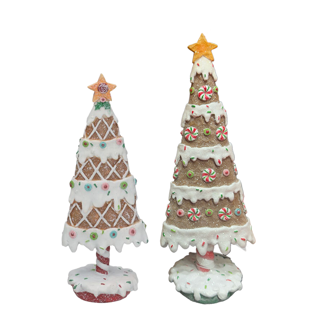 B-KEUZE: Viv! Christmas Kerstbeeld - Gingerbread Kerstboom met Snoep - set van 2 - bruin wit rood - 30 en 26cm