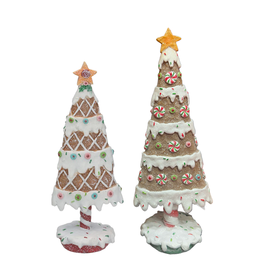 B-KEUZE: Viv! Christmas Kerstbeeld - Gingerbread Kerstboom met Snoep - set van 2 - bruin wit rood - 30 en 26cm