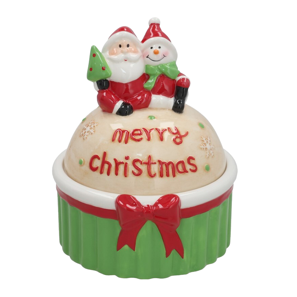 Viv! Christmas tableware - Christmas Cookie Jar 'Merry Christmas' with Santa Claus & Snowman - ceramic - red green - 20cm