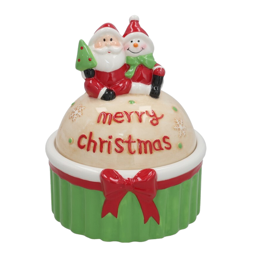 Viv! Christmas tableware - Christmas Cookie Jar 'Merry Christmas' with Santa Claus & Snowman - ceramic - red green - 20cm
