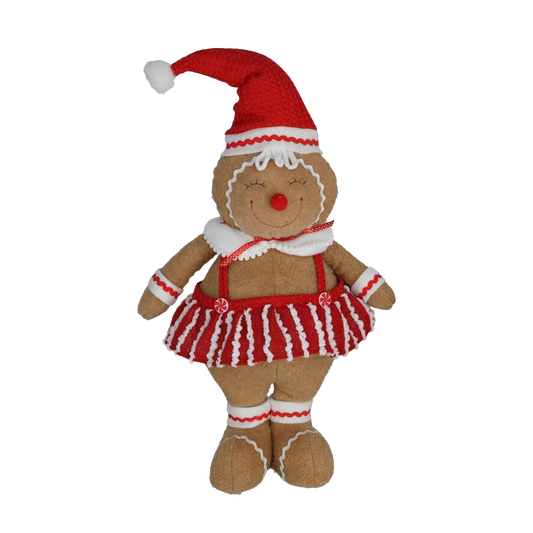B-KEUZE: Viv! Christmas Kerstbeeld - Gingerbread Pop van Stof met Kerstmuts  - bruin rood - 64cm