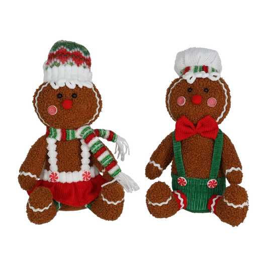 Viv! Christmas Kerstbeeld - Zittende Gingerbread Pop van Stof - set van 2 - bruin rood groen - 36cm