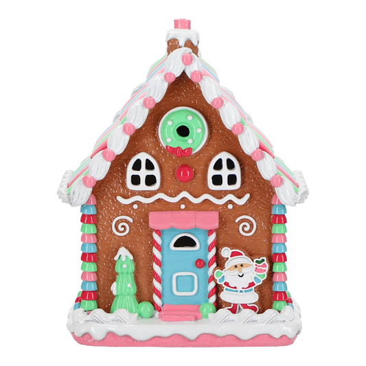 Viv! Christmas Kerstbeeld - Gingerbread Huis met Kerstman incl. LED Verlichting - roze rood blauw groen - 25cm
