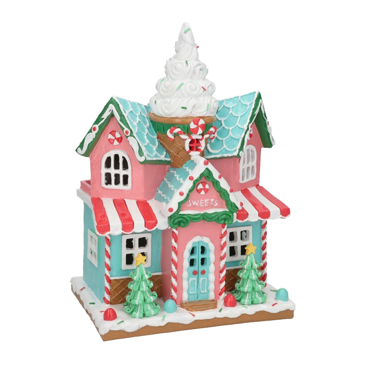 Viv! Christmas Kerstbeeld - Gingerbread 'Sweets' Huis incl. LED Verlichting - roze rood blauw groen - 29cm