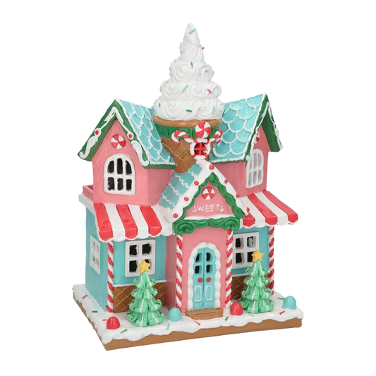 Viv! Christmas Kerstbeeld - Gingerbread 'Sweets' Huis incl. LED Verlichting - roze rood blauw groen - 29cm