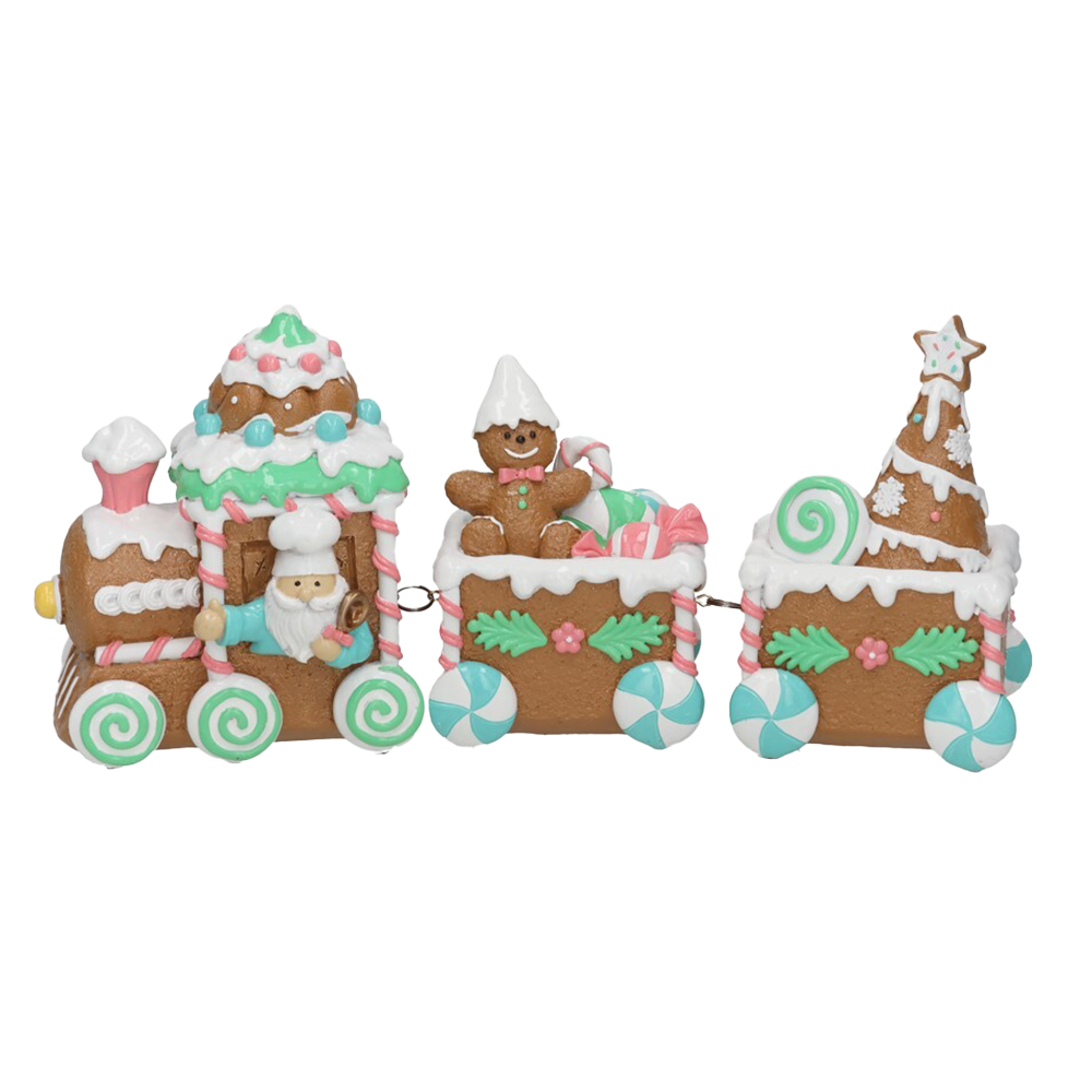 B-KEUZE: Viv! Christmas Kerstbeeld - Gingerbread Trein met Kerstman & Snoep - pastel - 39x17cm