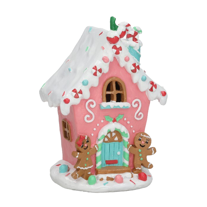 Viv! Christmas Kerstbeeld - Gingerbread Huisje met Peperkoek Poppetjes incl. LED Verlichting - pastel roze - 20cm