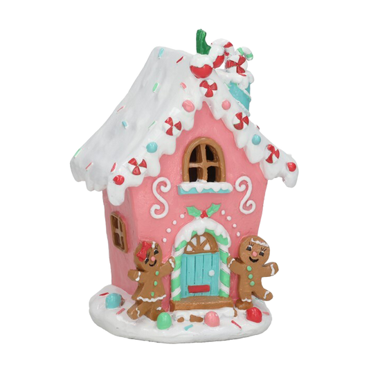 Viv! Christmas Kerstbeeld - Gingerbread Huisje met Peperkoek Poppetjes incl. LED Verlichting - pastel roze - 20cm