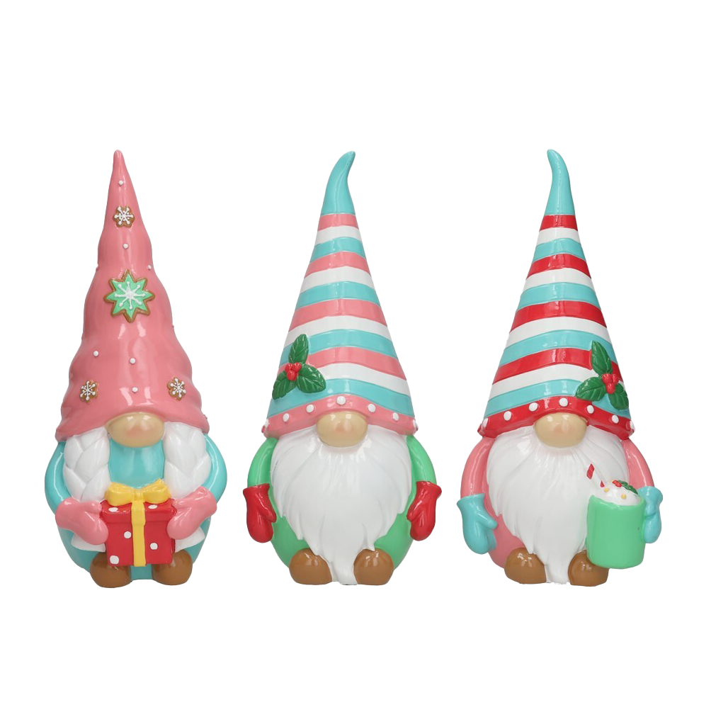 Viv! Christmas Tabletop Figure - Gnomes with Gift and Hot Chocolate - Set of 3 - Pastel - 26cm