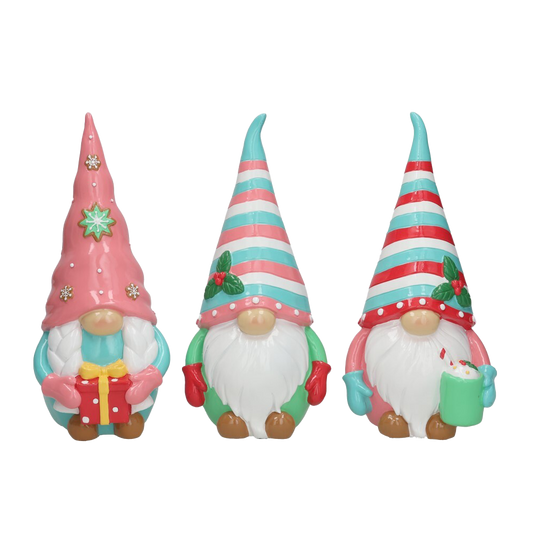 Viv! Christmas Tabletop Figure - Gnomes with Gift and Hot Chocolate - Set of 3 - Pastel - 26cm