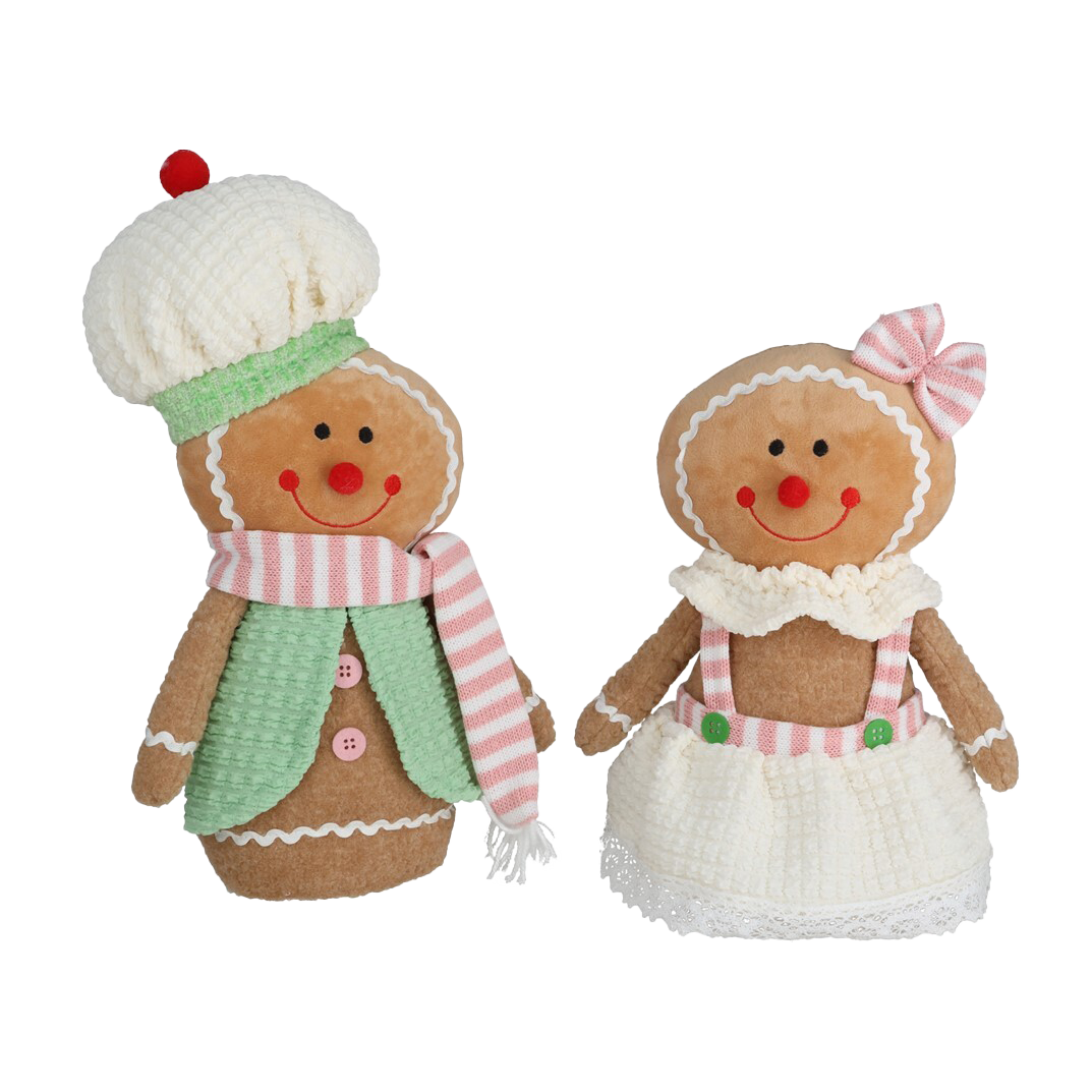 Viv! Christmas Kerstbeeld - Zittende Gingerbread Pop van Stof - set van 2 - pastel - roze groen - 32cm