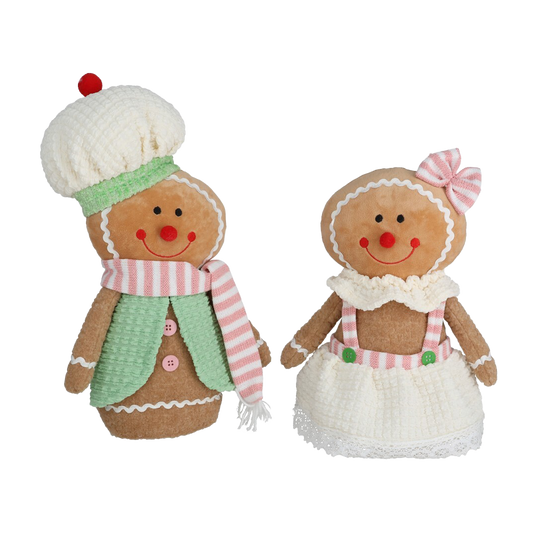 Viv! Christmas Kerstbeeld - Zittende Gingerbread Pop van Stof - set van 2 - pastel - roze groen - 32cm