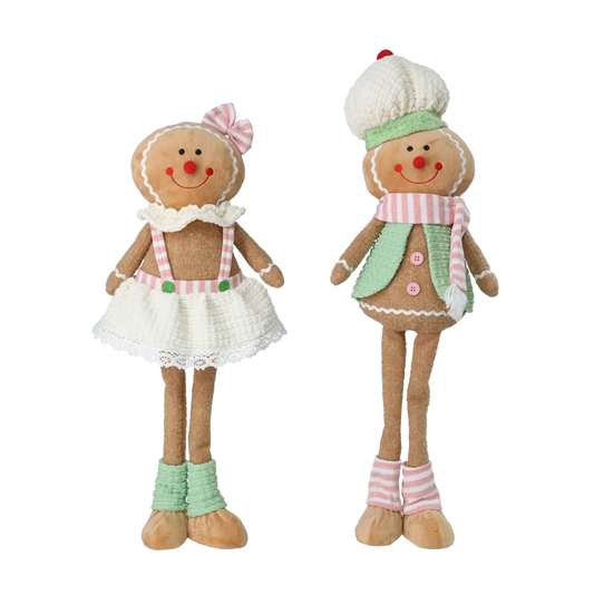 Viv! Christmas Kerstbeeld - Gingerbread Pop van Stof met Lange Benen - set van 2 - pastel - roze groen - 60cm