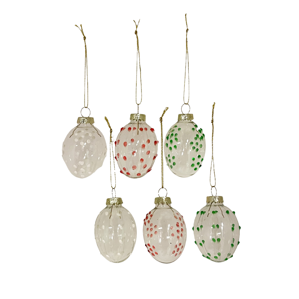 Viv! Christmas Paasdecoratie Hanger - Paaseieren met Stippen van Glas - set van 6 - pasen - groen wit rood - 6.5cm