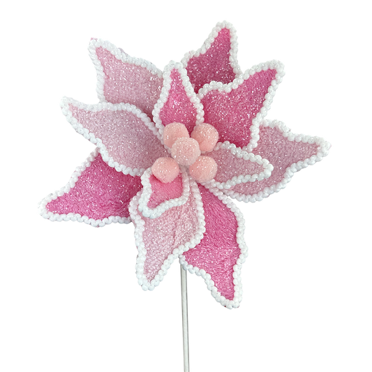 Viv! Christmas Kersttak - Pluche Poinsettia 'Kerstster' Bloem met Glitters - roze wit - 61cm