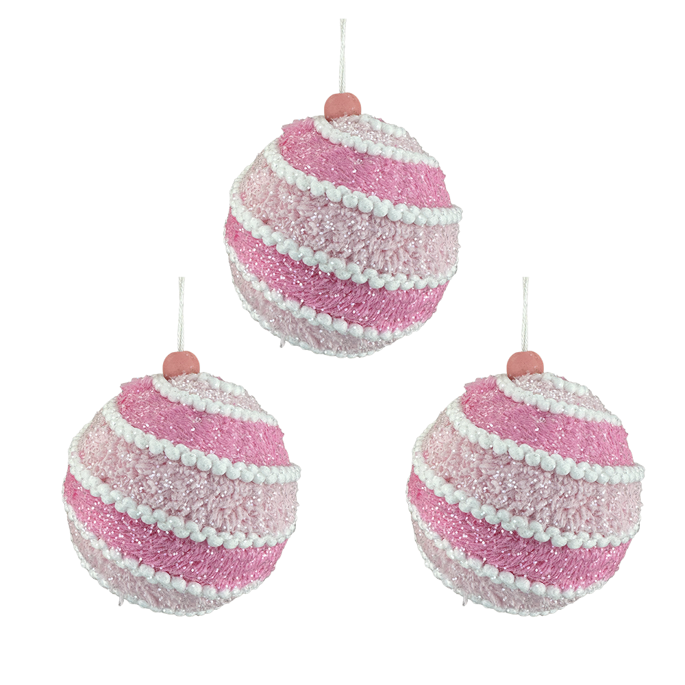 Viv! Christmas Kerstbal - Pluche met Glitters - set van 3 - roze wit - Ø12cm