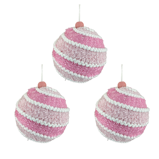 Viv! Christmas Kerstbal - Pluche met Glitters - set van 3 - roze wit - Ø12cm