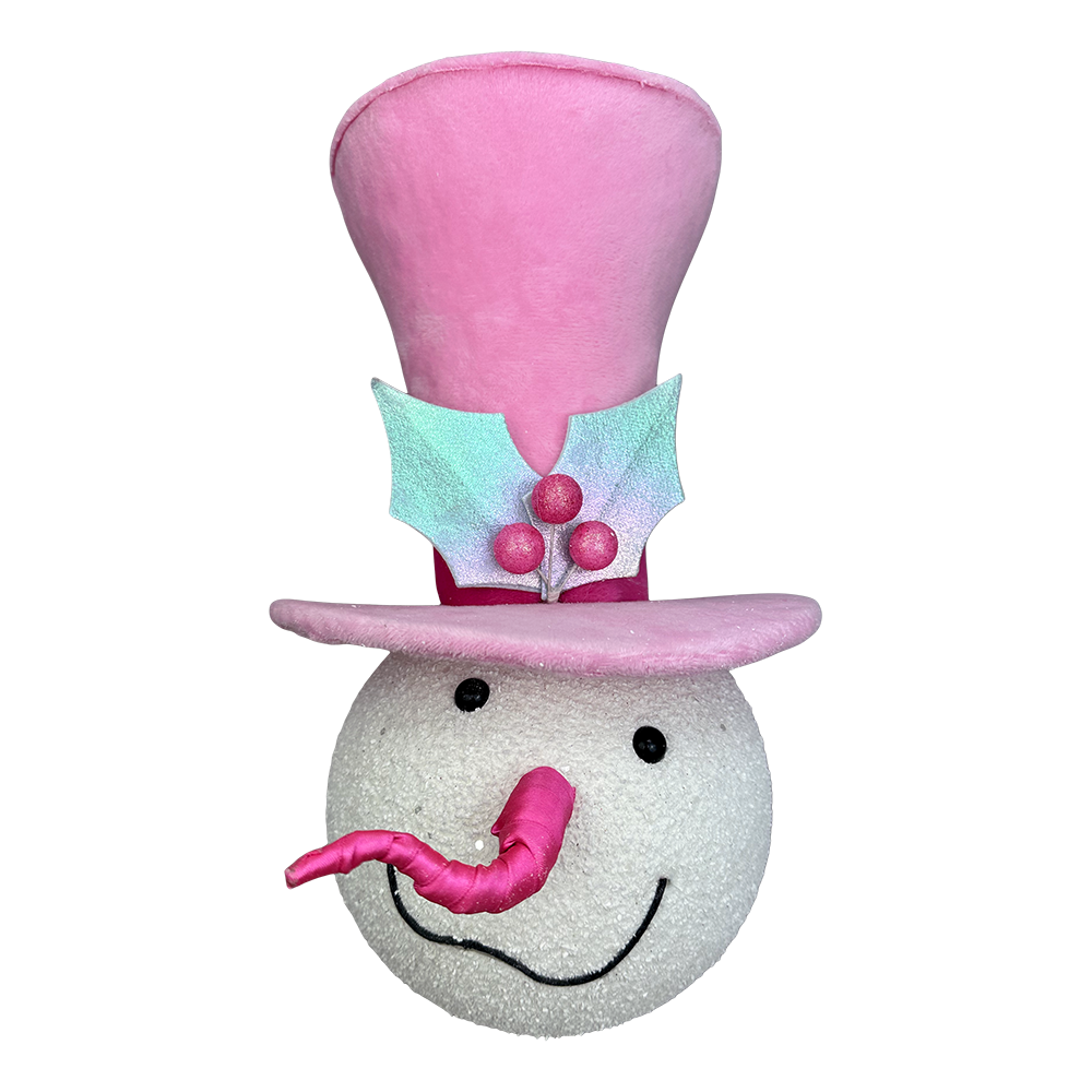 Viv! Christmas Kerstboom Centerpiece - Rond Sneeuwpop Hoofd met Roze Hoed & Hulstblaadjes - pastel - 36cm