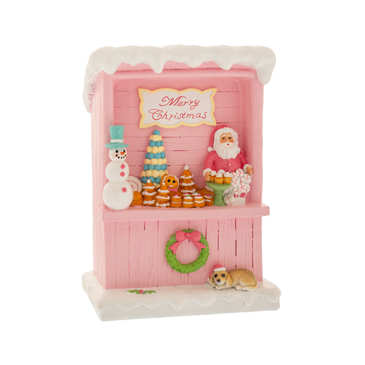 Viv! Christmas Kerstbeeld - Snoepwinkel met Kerstman en Hond - pastel roze - 24cm