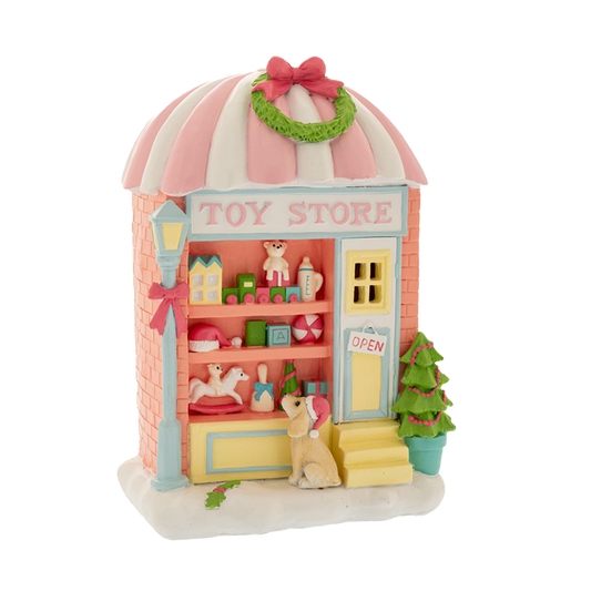 Viv! Christmas Kerstbeeld - Speelgoed Winkel met Hond - pastel roze - 22cm