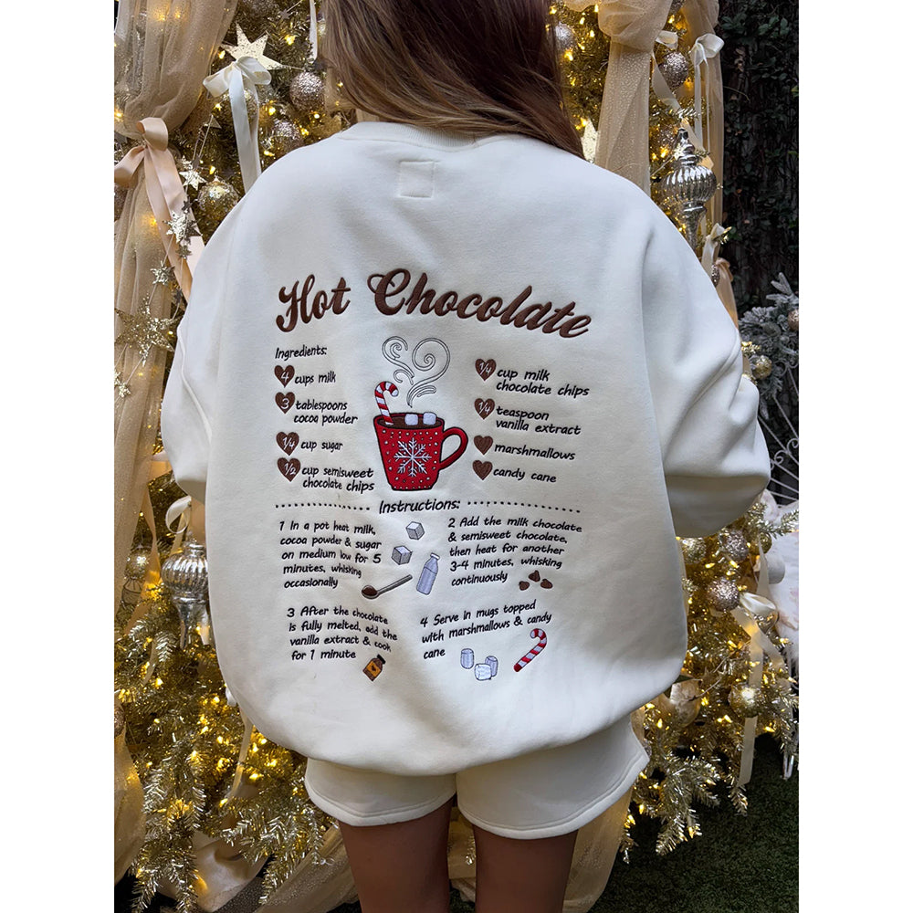 Viv! Christmas Women's Apparel - Hot Chocolate Recipe Embroidered Ivory Sweatshirt