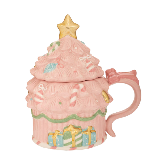 Viv! Christmas Kerstmok met Deksel - Roze Kerstboom met Snoepgoed Mok - keramiek