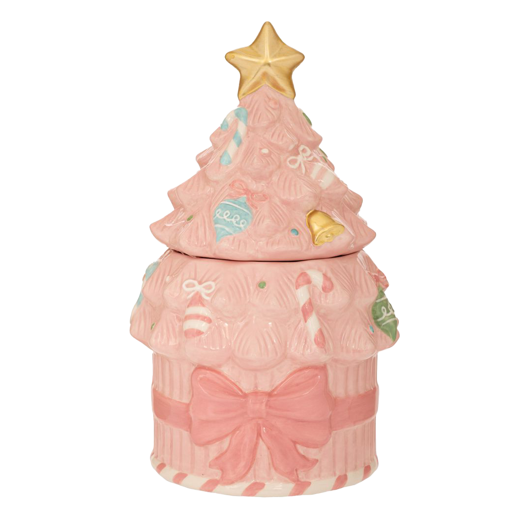Viv! Christmas Kerstservies - Kerst Koektrommel Roze Kerstboom met Snoepgoed - keramiek - 27cm