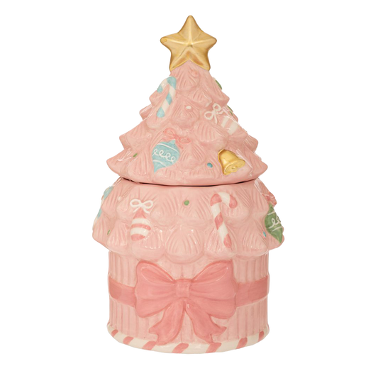 Viv! Christmas Kerstservies - Kerst Koektrommel Roze Kerstboom met Snoepgoed - keramiek - 27cm
