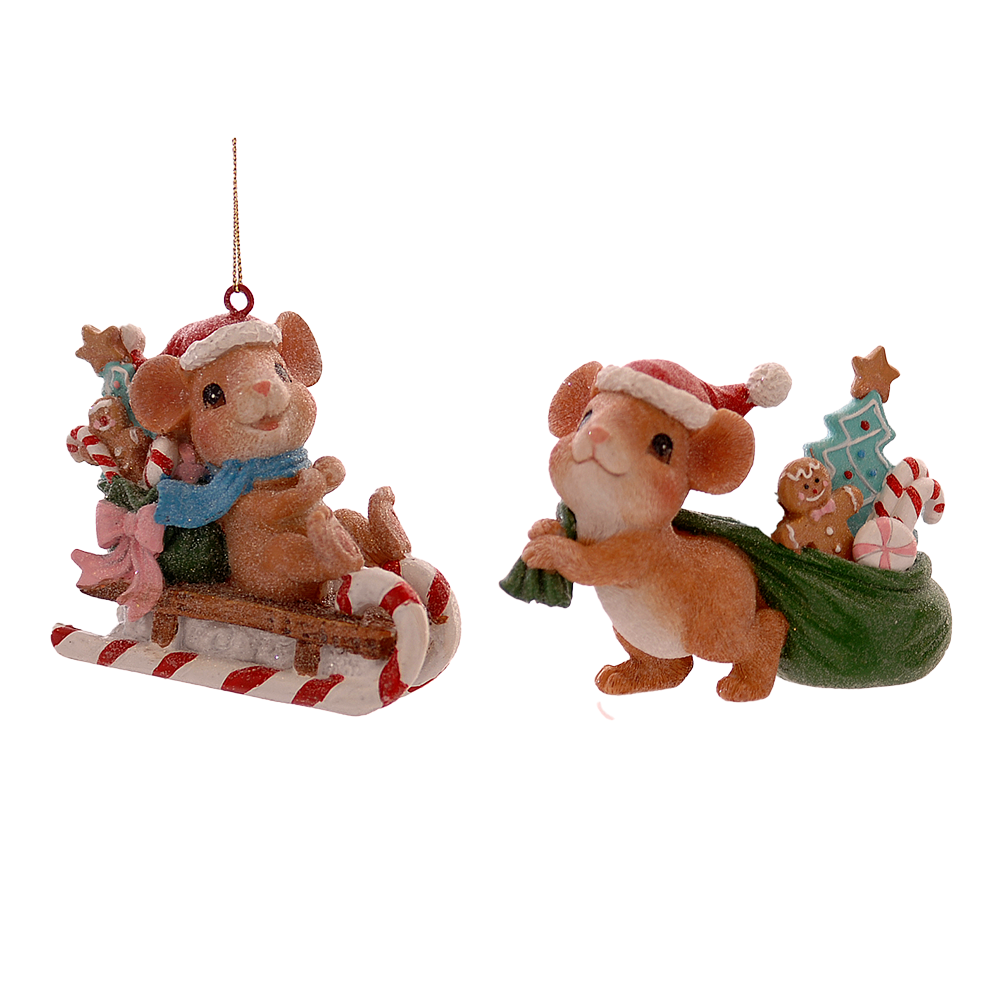 Viv! Christmas Ornament - Mouse with Presents - Set of 2 - Red Blue - 10 cm
