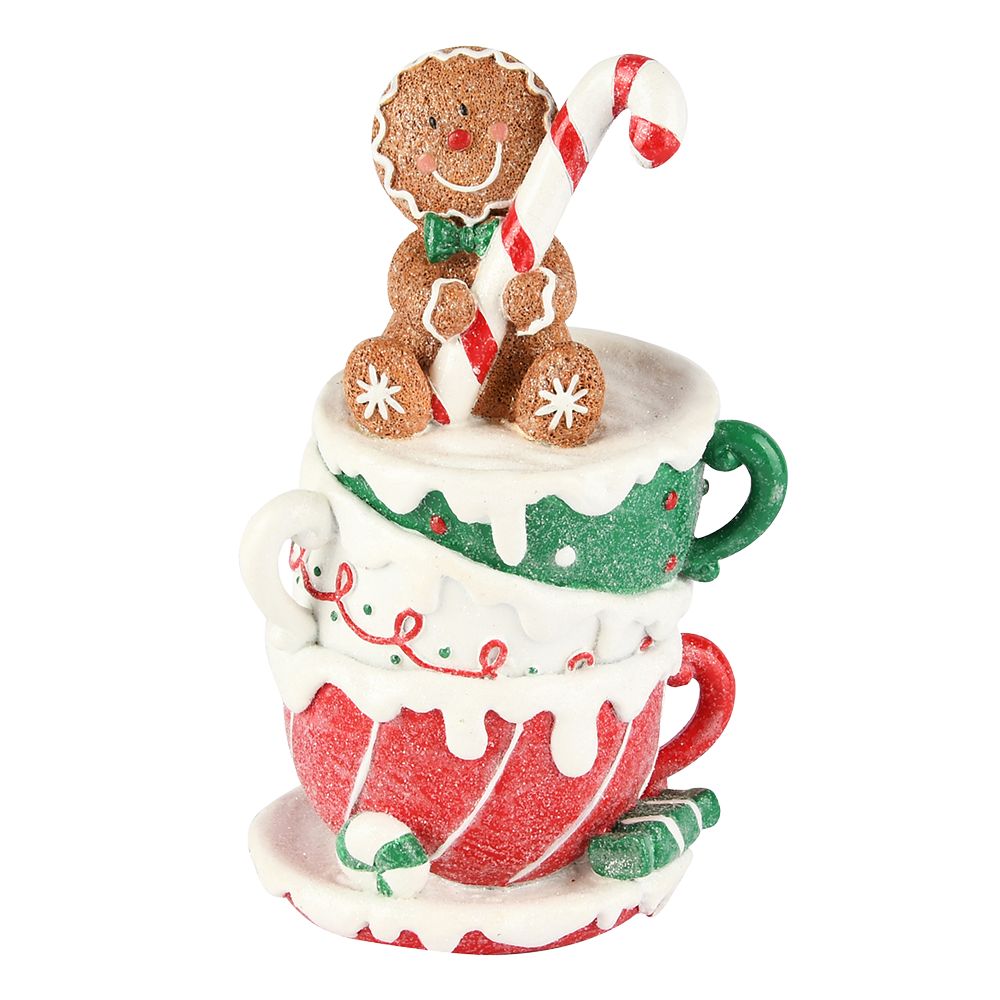 Viv! Christmas Kerstbeeld - Gingerbread Man op Kopjes - rood groen - 17cm