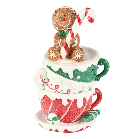 Viv! Christmas Kerstbeeld - Gingerbread Man op Kopjes - rood groen - 17cm