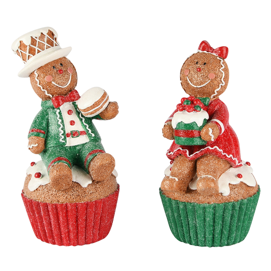 Viv! Christmas Kerstbeeld - Gingerbread Cupcakes - set van 2 - rood groen - 16cm