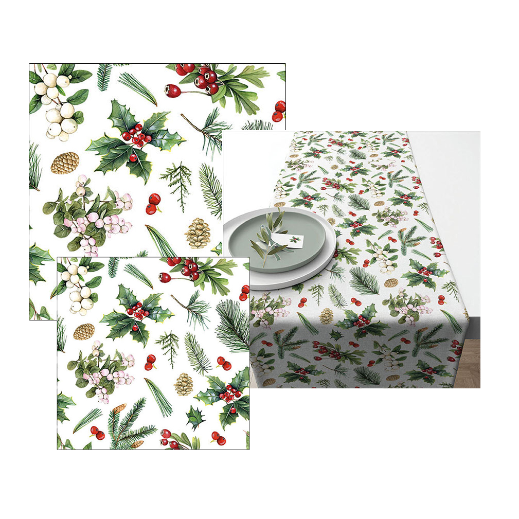 Ambiente servetten en tafelloper Kerst - Wintergroen - 2 pakjes 33x33cm en 25x25cm - tafelloper 40x150cm - wit groen rood - kerstservetten