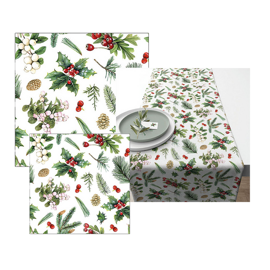 Ambiente servetten en tafelloper Kerst - Wintergroen - 2 pakjes 33x33cm en 25x25cm - tafelloper 40x150cm - wit groen rood - kerstservetten