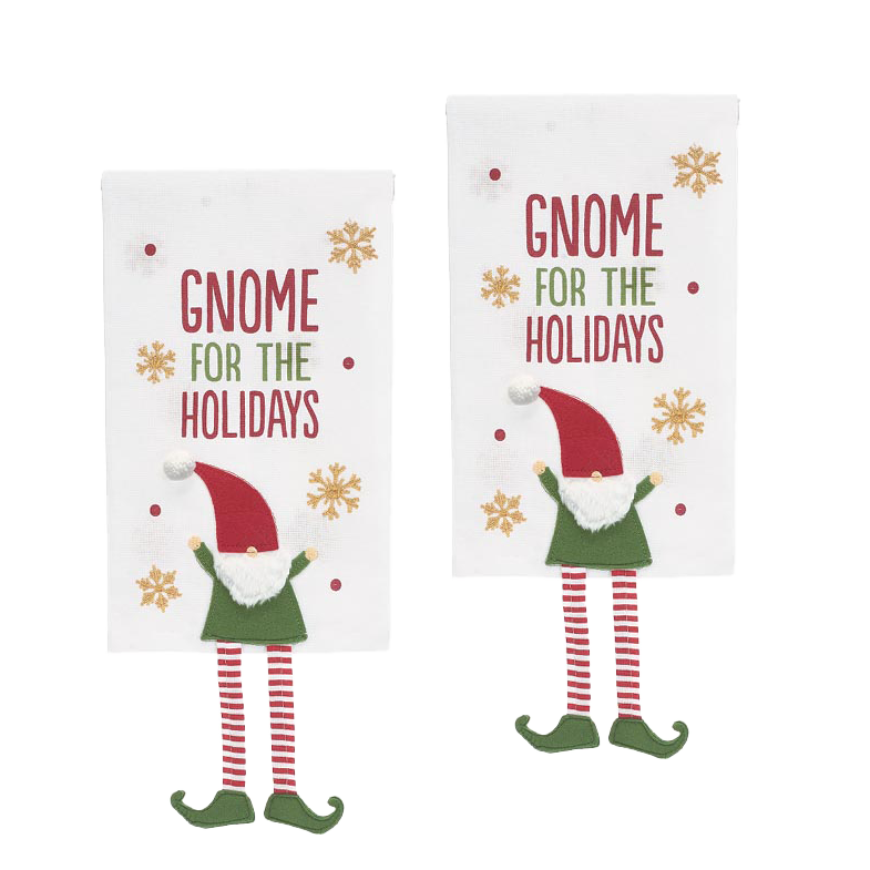 Viv! Christmas Decoration - 'Gnome for the Holidays' Christmas Tea towel - set of 2 - cotton