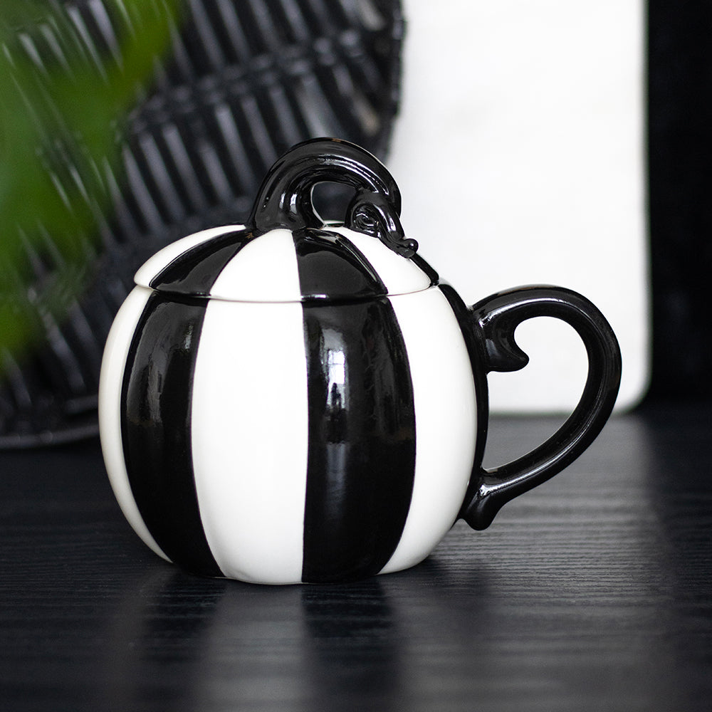 Viv! Christmas Halloween Mug - Black and White Striped Pumpkin Mug with Lid - Ceramic