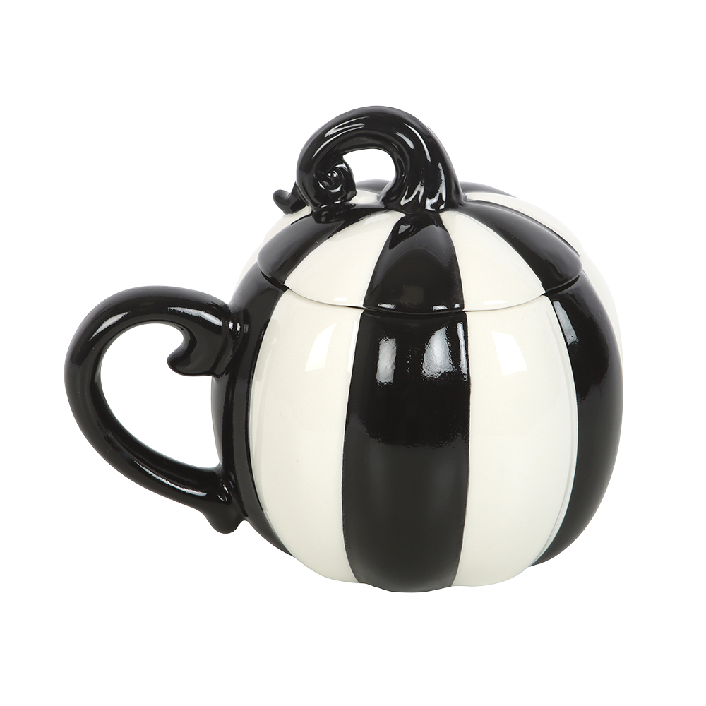 Viv! Christmas Halloween Mug - Black and White Striped Pumpkin Mug with Lid - Ceramic