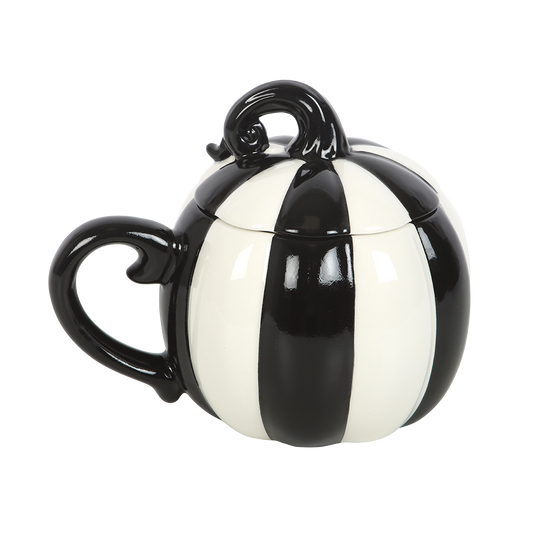 Viv! Christmas Halloween Mug - Black and White Striped Pumpkin Mug with Lid - Ceramic