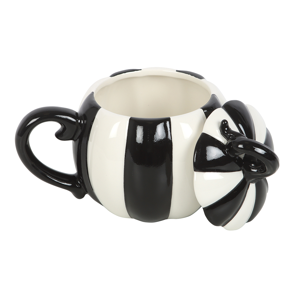 Viv! Christmas Halloween Mug - Black and White Striped Pumpkin Mug with Lid - Ceramic
