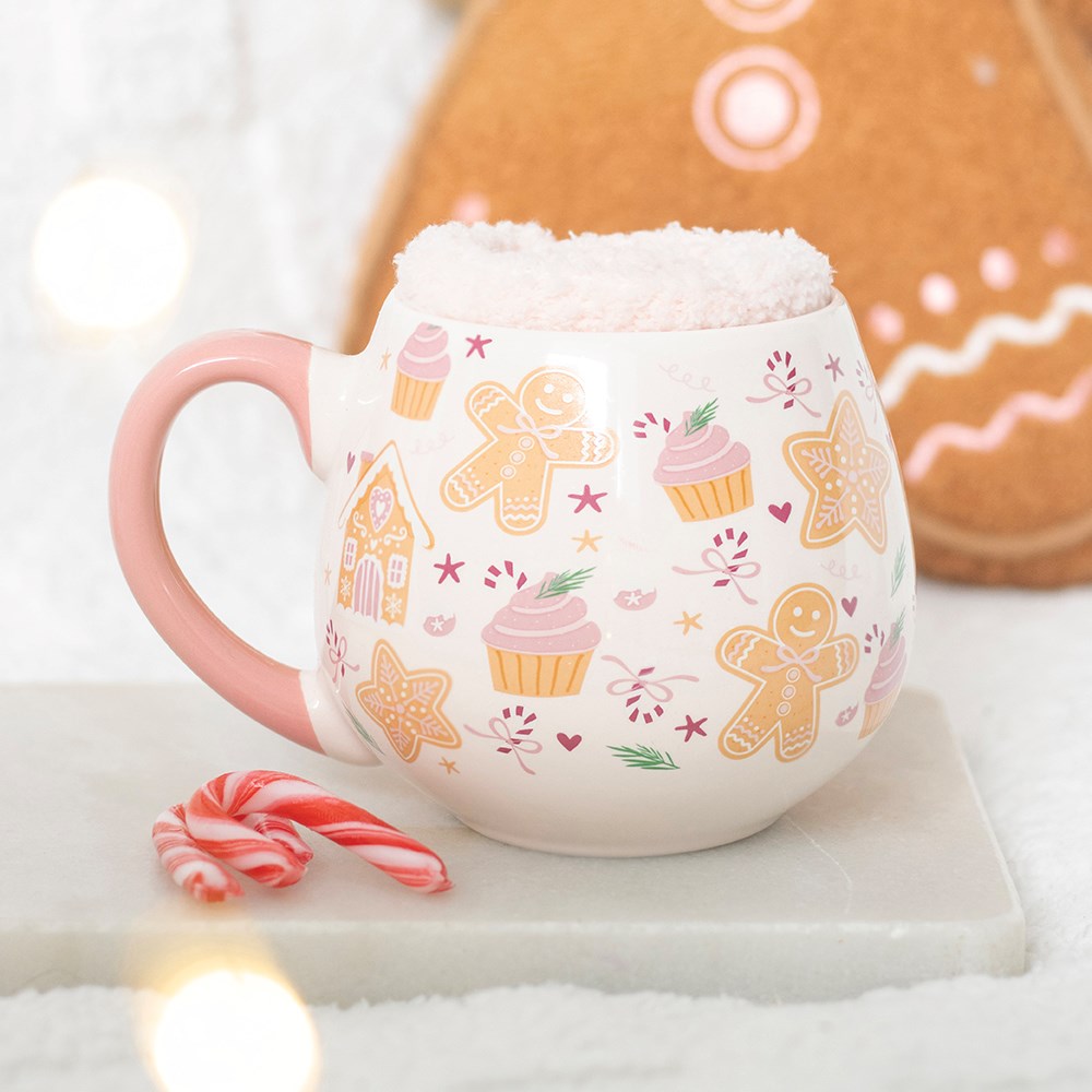 Viv! Christmas Weihnachtstasse - Sugarplum Bakery - Rosa Tasse mit Weihnachtsstrümpfen