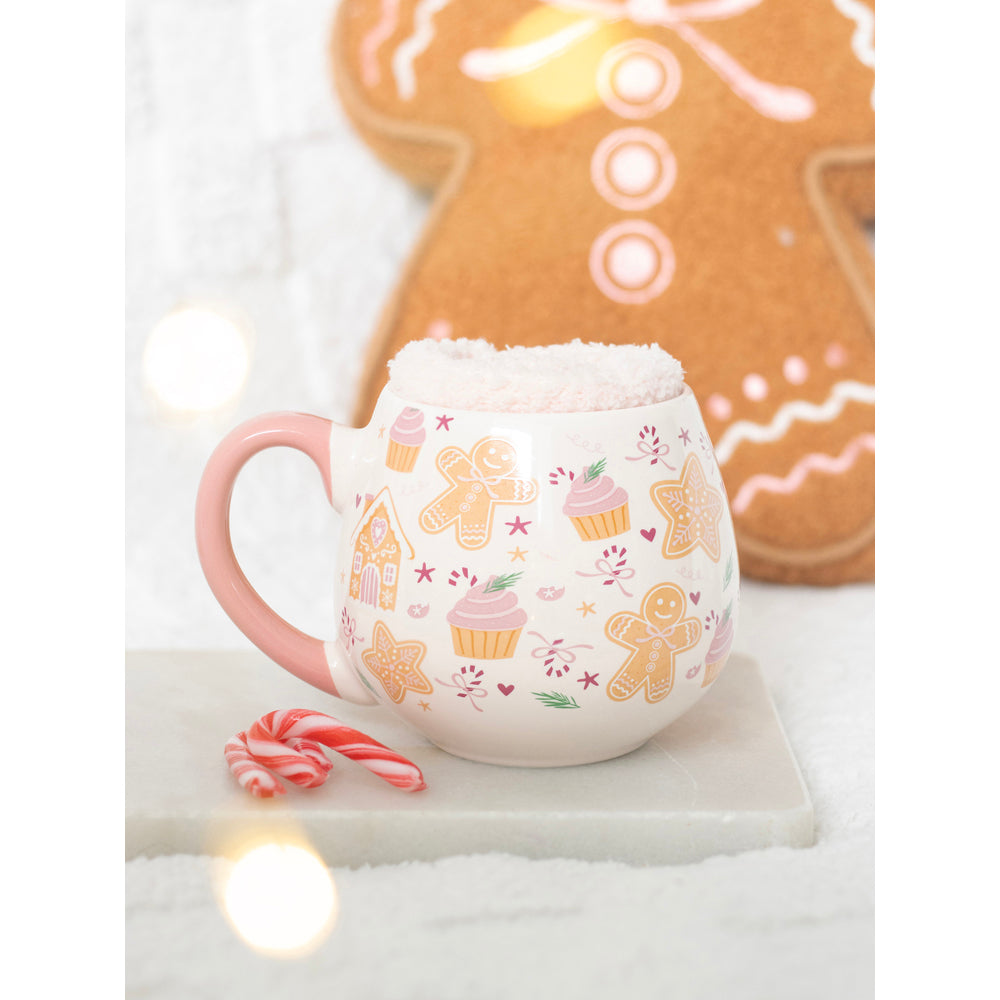 Viv! Christmas Weihnachtstasse - Sugarplum Bakery - Rosa Tasse mit Weihnachtsstrümpfen