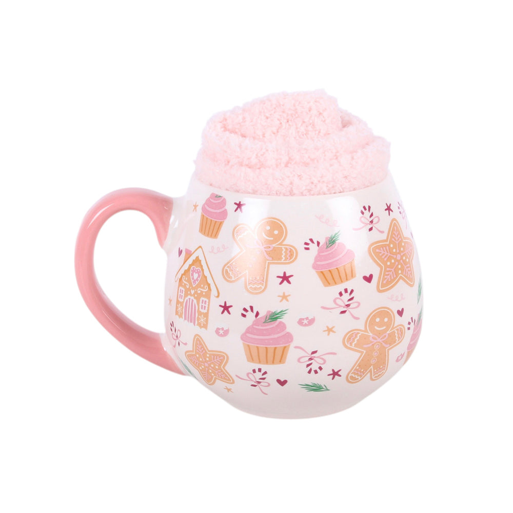 Viv! Christmas Weihnachtstasse - Sugarplum Bakery - Rosa Tasse mit Weihnachtsstrümpfen