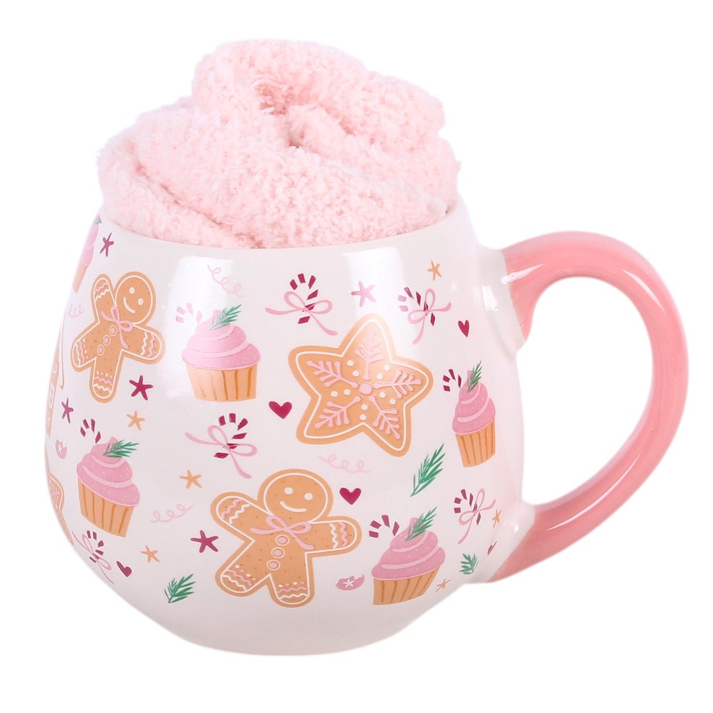 Viv! Christmas Weihnachtstasse - Sugarplum Bakery - Rosa Tasse mit Weihnachtsstrümpfen