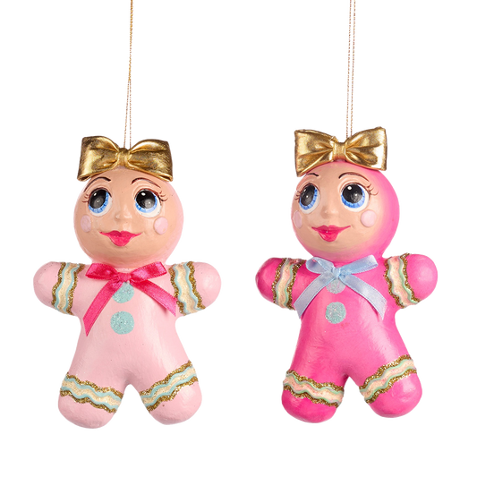 Goodwill M&G Kerstornament - Trendy Candy Gingerbread Poppetjes - set van 2 - roze blauw - 15cm