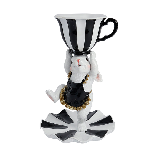Viv! Christmas Easter Decoration - Bunny with Cup and Saucer - Black and White - 24cm