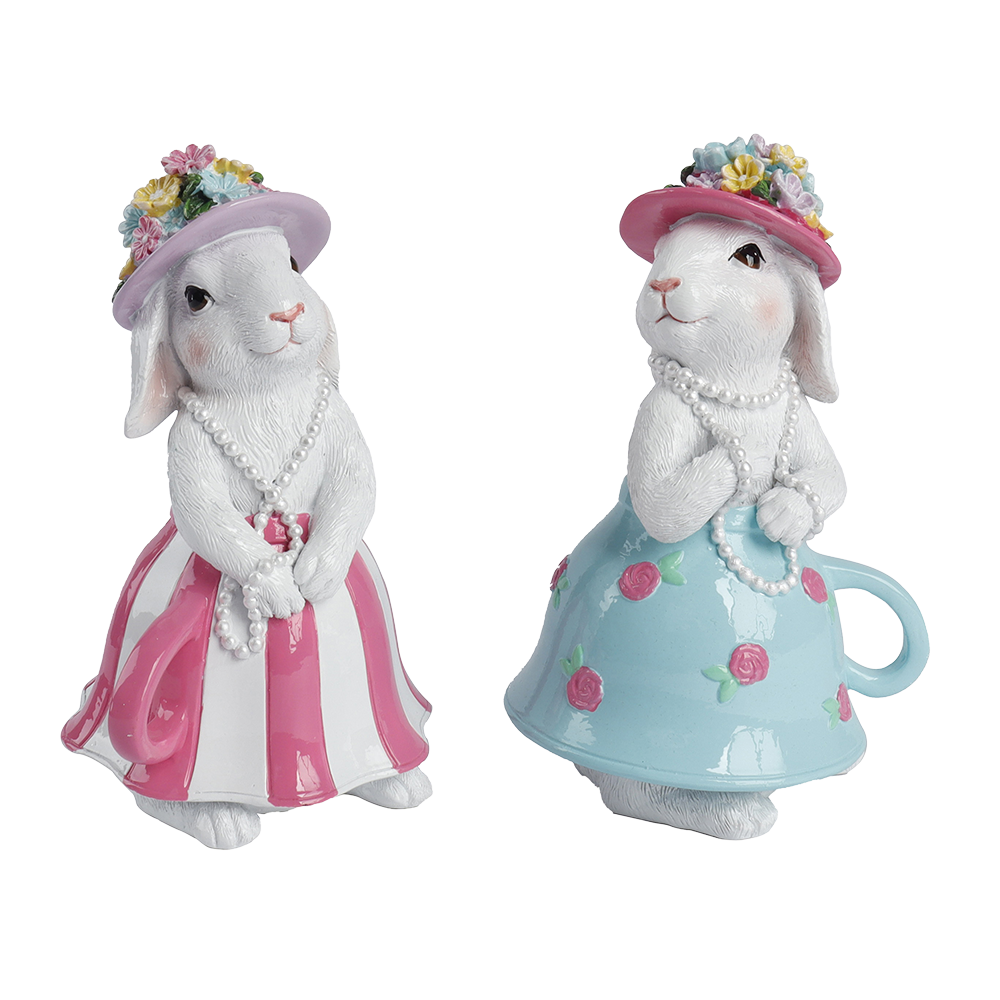 Viv! Christmas Easter Decoration - Bunnies in Teacup Dresses with Pearl Necklaces - Set of 2 - 17cm