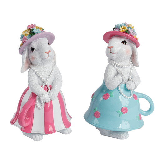 Viv! Christmas Easter Decoration - Bunnies in Teacup Dresses with Pearl Necklaces - Set of 2 - 17cm
