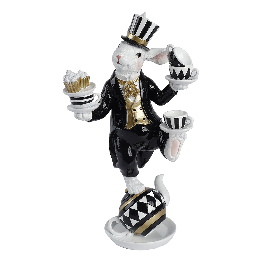 Viv! Christmas Easter Decoration - Balancing Bunny with Teacups - Black and White - 41cm