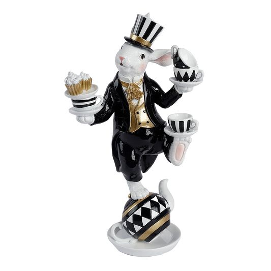 Viv! Christmas Easter Decoration - Balancing Bunny with Teacups - Black and White - 41cm
